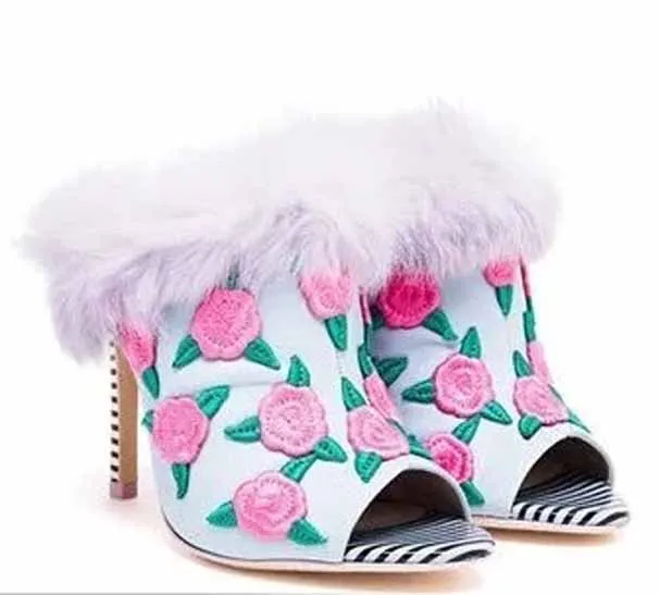 

Sweet Pink Floral Embroidery Real Fur Pumps Woman Thin Striped High Heel Slipper Peep Toe Slingback Fur Dress Heels