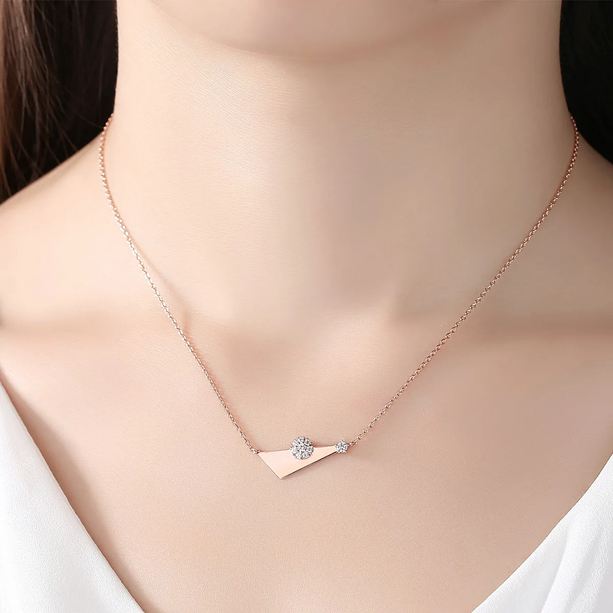 PAG&MAG delicate rose gold S925 sterling silver necklace zircon flower geometric triangular clavicle chain women