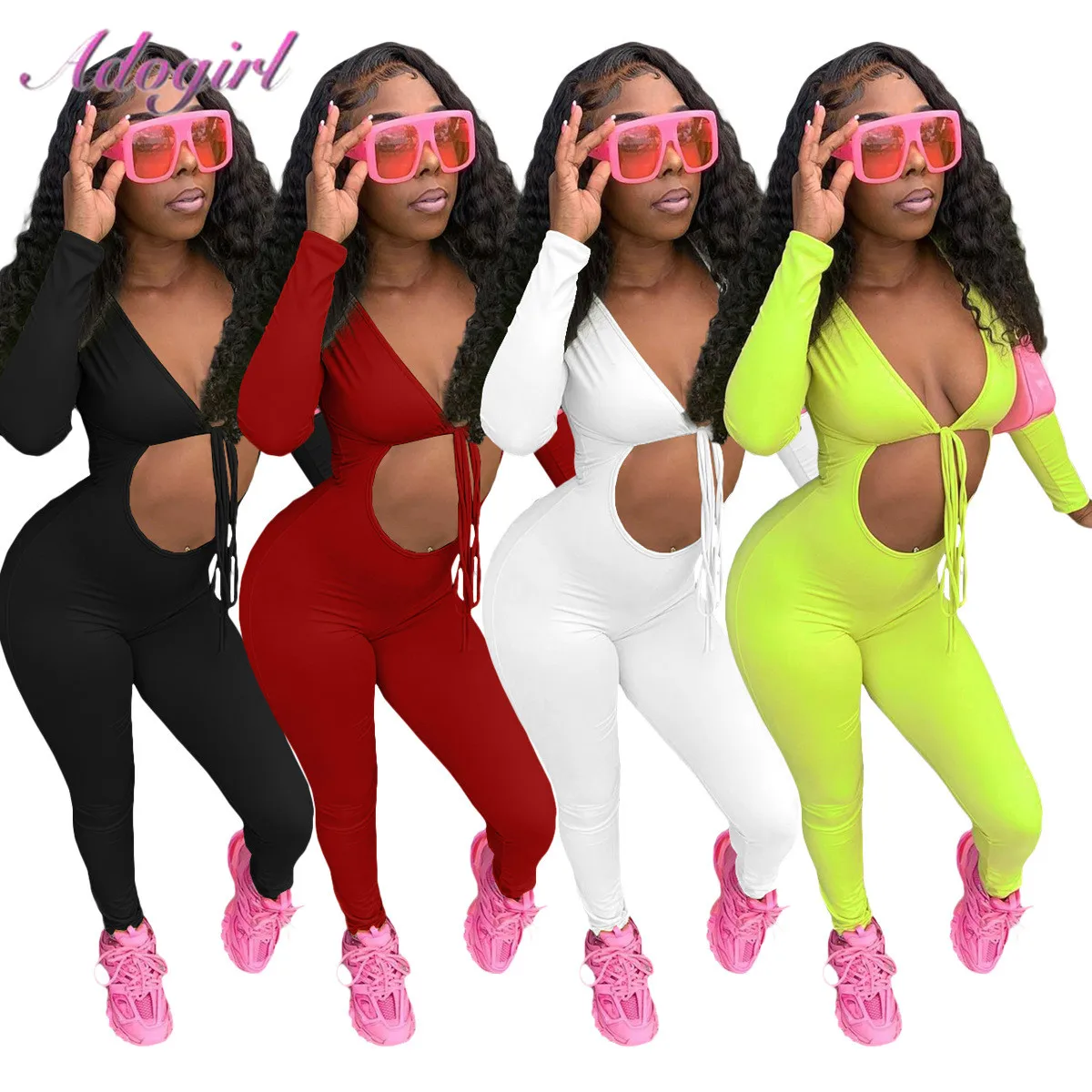 Sexy Hollow Out Lace Up Bandage Party Club Skinny Jumpsuit Women Casual Sports Fitness V Neck Long Sleeve Sport Rompers Overalls