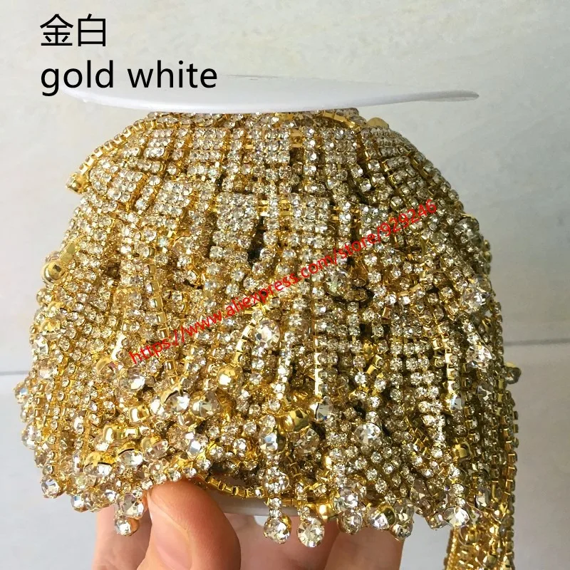 Gold white crystal rhinestone dangle chain for dancing costumes ornaments rhinestone fringe trims DIY dress shoes bags accessory