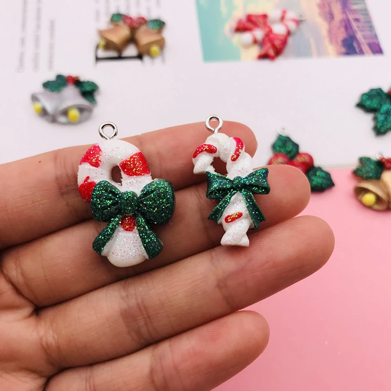 10pcs Hot New Resin Cute Christmas Candy Cane Charm Bell Holly Pendant for Keychain, Earring, Scrapbooking, DIY Making, Necklace