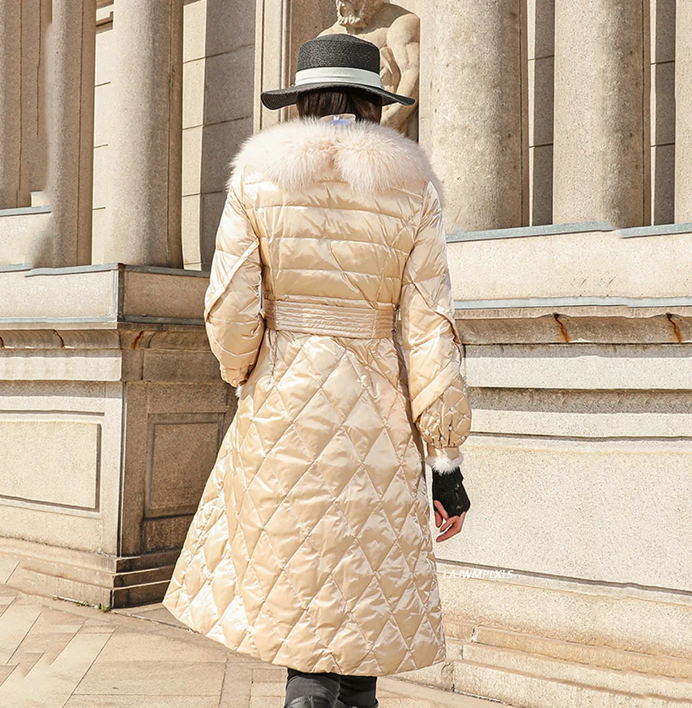 2022 Long Luxury Real Fox Fur Collar Winter Down Coat Women Slim Puffer Fluffy Parkas Female 90% White Duck Down Jacket