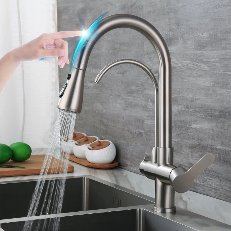 

Touch Kitchen Faucet Brushed Nickel Filter Pull Out Kitchen Sink Faucet Quality Brass Sensor Kitchen Tap Smart Touch Mixer Tap