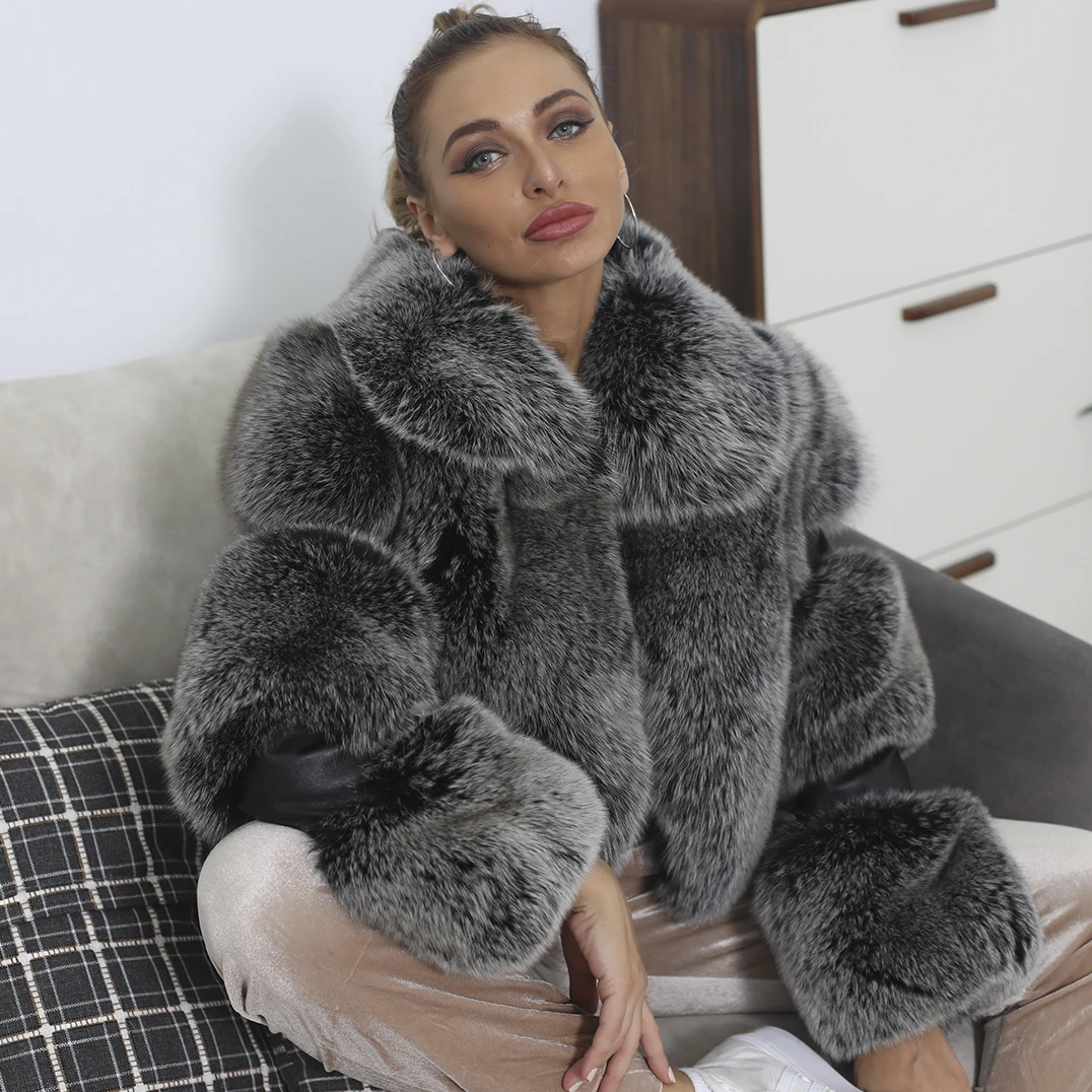 Hot Sale Real Fox Fur Coat Women Luxury Fashion  Fluffy Cropped Bomber Jacket Big Size Custom Logo Fur Jacket For Women 2021