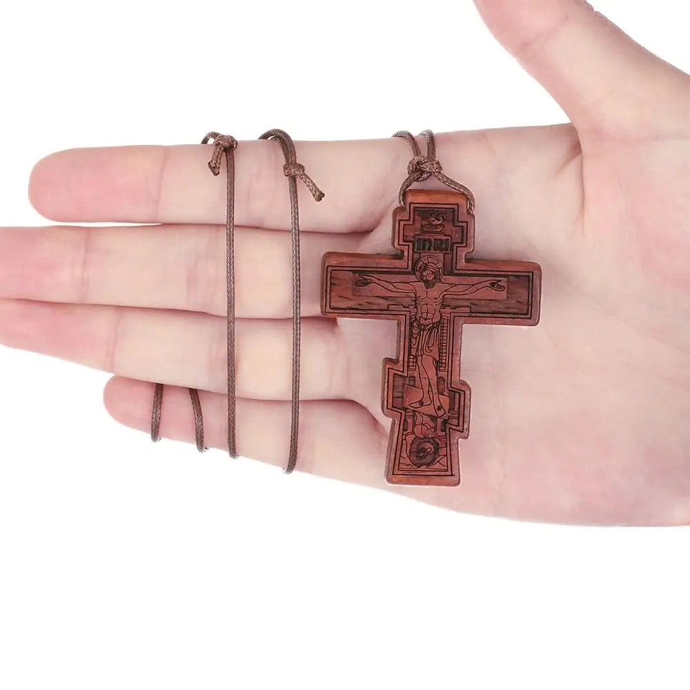 Orthodox Natural Wooden Umbila Crucifix Cross Jesus Pendant Necklaces Adjustable Leather Rope Chains Necklaces Jewelry