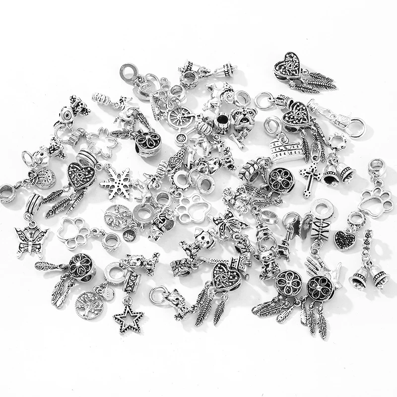 2/5/10/50/100Pcs Mixed Style Silver Color Random Delivery Charms Bead Pendant Dangle Fits Brand Bracelets Women Jewelry Making