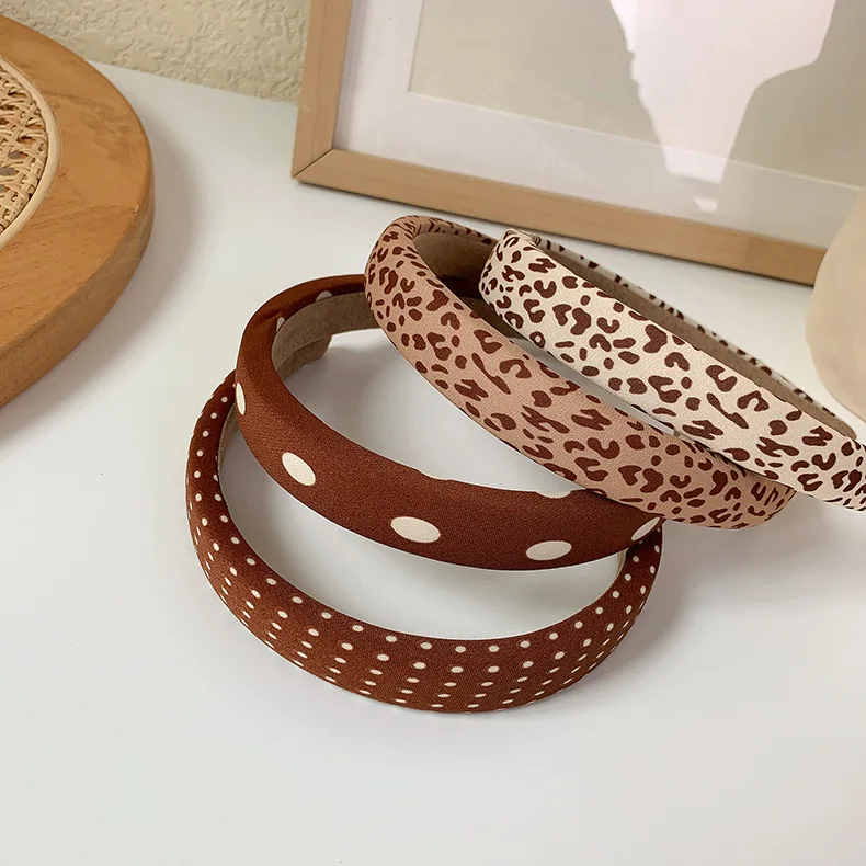 Jesień zima brązowe plamki w stylu lamparta drukuj pałąk 2cm gąbka wyściełane Hairband Retro Headwrap obręcz do włosów akcesoria do włosów dla kobiet