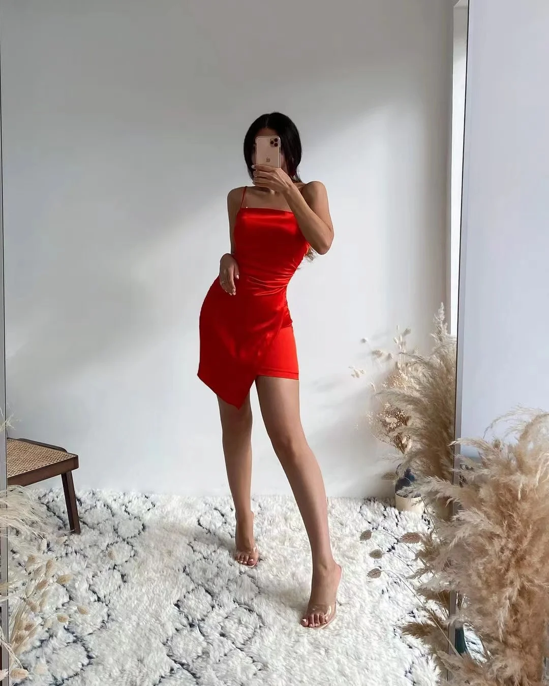 Women Red Slim Folds Satin Square Collar Mini Dress Female sleeveless Backless Spaghetti Strap Dresses Ladies Vintage Dress