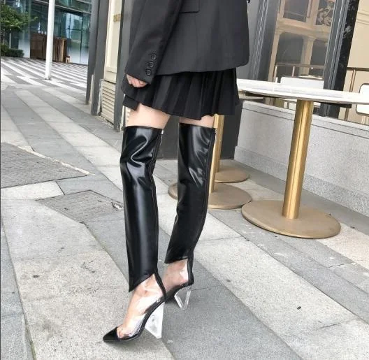 

PVC Woman Sliver Black White Pointed Toe Patchwork Transparent Crystal Chunky Spike Heels Zipper Thigh Over The Knee Long Boots