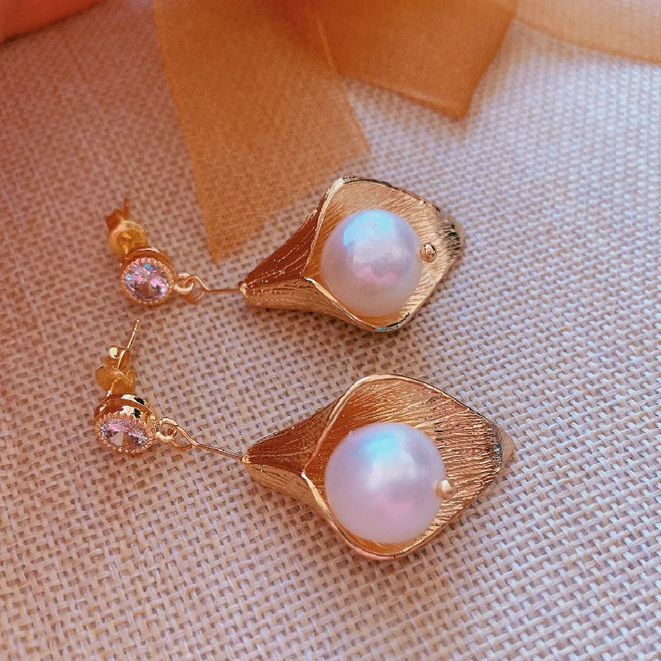 Natural white baroque pearl flower Earrings 18KGB Holiday gifts Hook Women Wedding Dangle Jewelry Gift