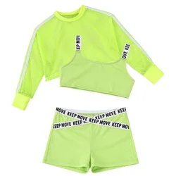 Ropa de Hip Hop para niñas, trajes de Jazz, traje de chándal para niños, Sujetador deportivo, chaleco, Top corto con cubierta de red, Tops y pantalones cortos, trajes de baile