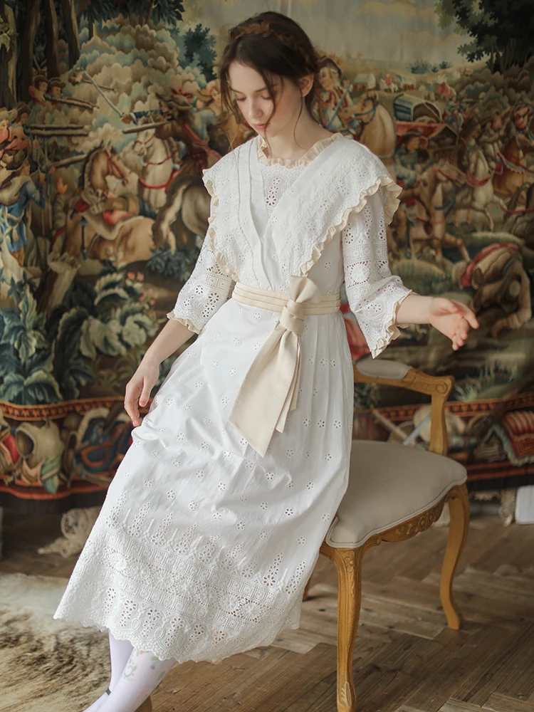 

2020 Spring Summer Dress Women Victoria Vintage Elegant Slim Mori Girl Midi Dress Hollow Out Embroidery Cotton Long White Dress