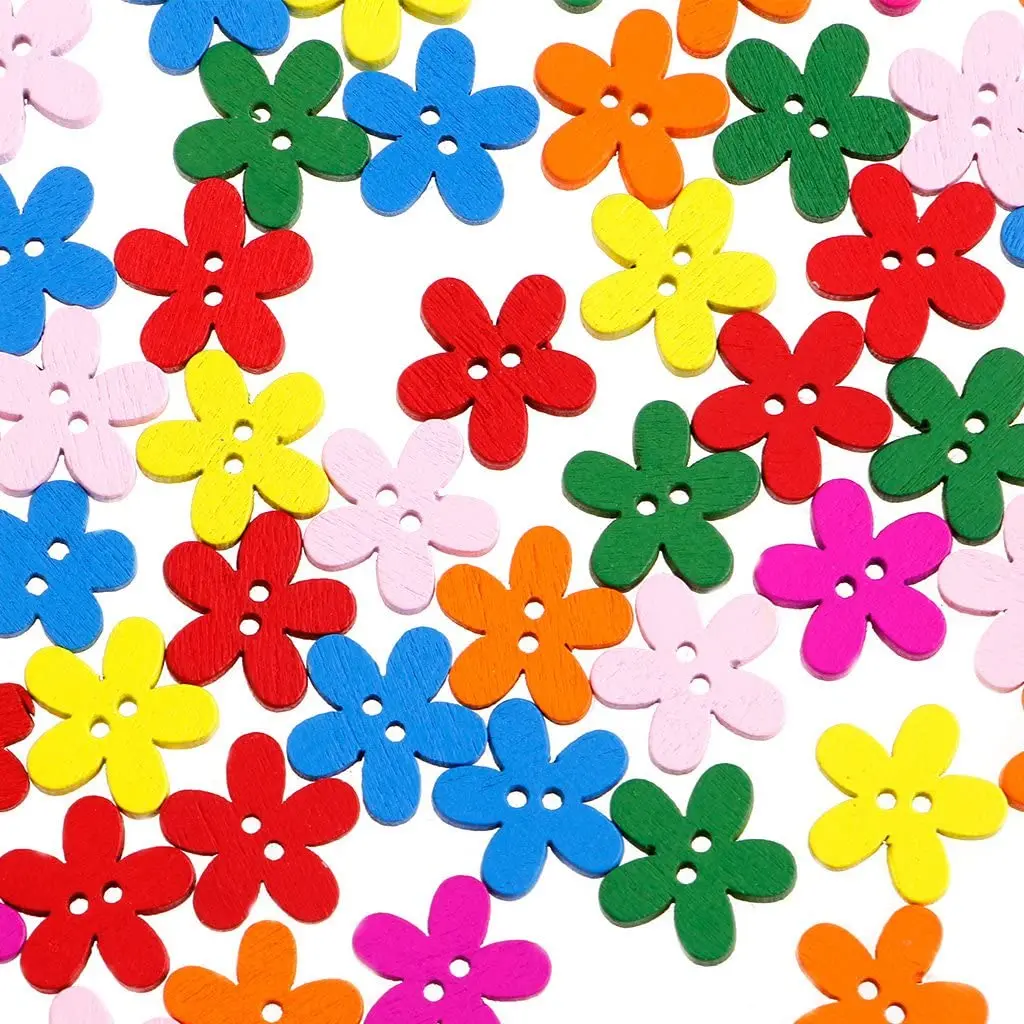 100 Pcs 15mm Colorful Flower Flatback Wooden Buttons , for Sewing, Scrapbooking Crafts , 7NK75