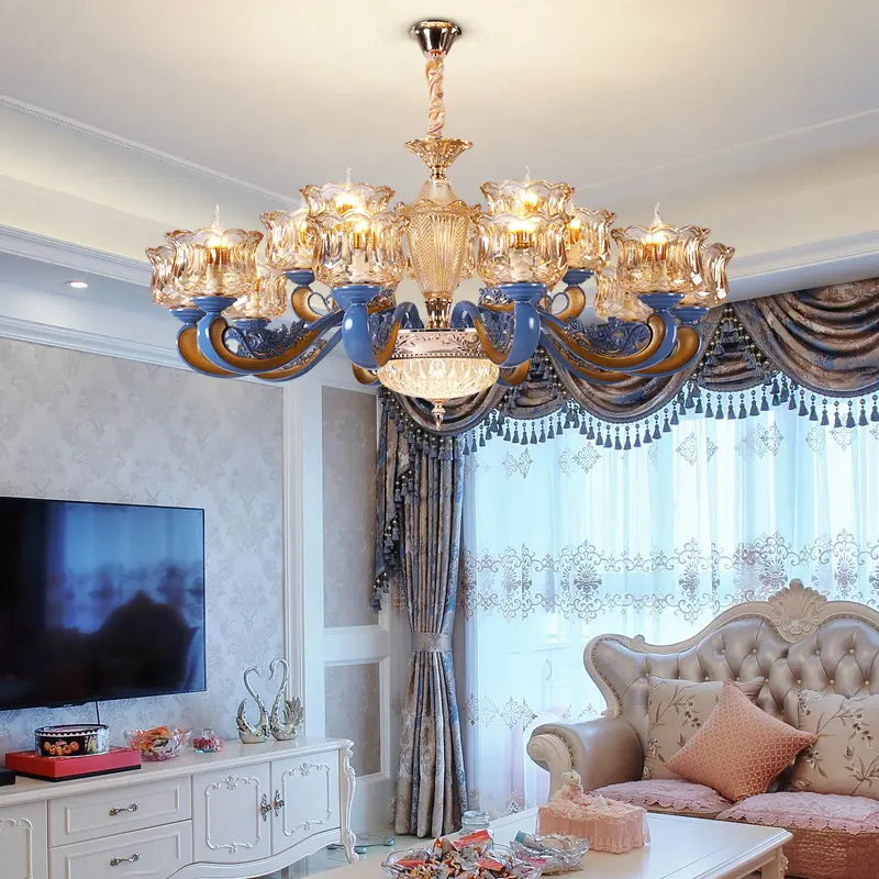 

European Retro Blue ceramic crystal chandelier living room dining room villa alloy luxury French decorative Chandelier