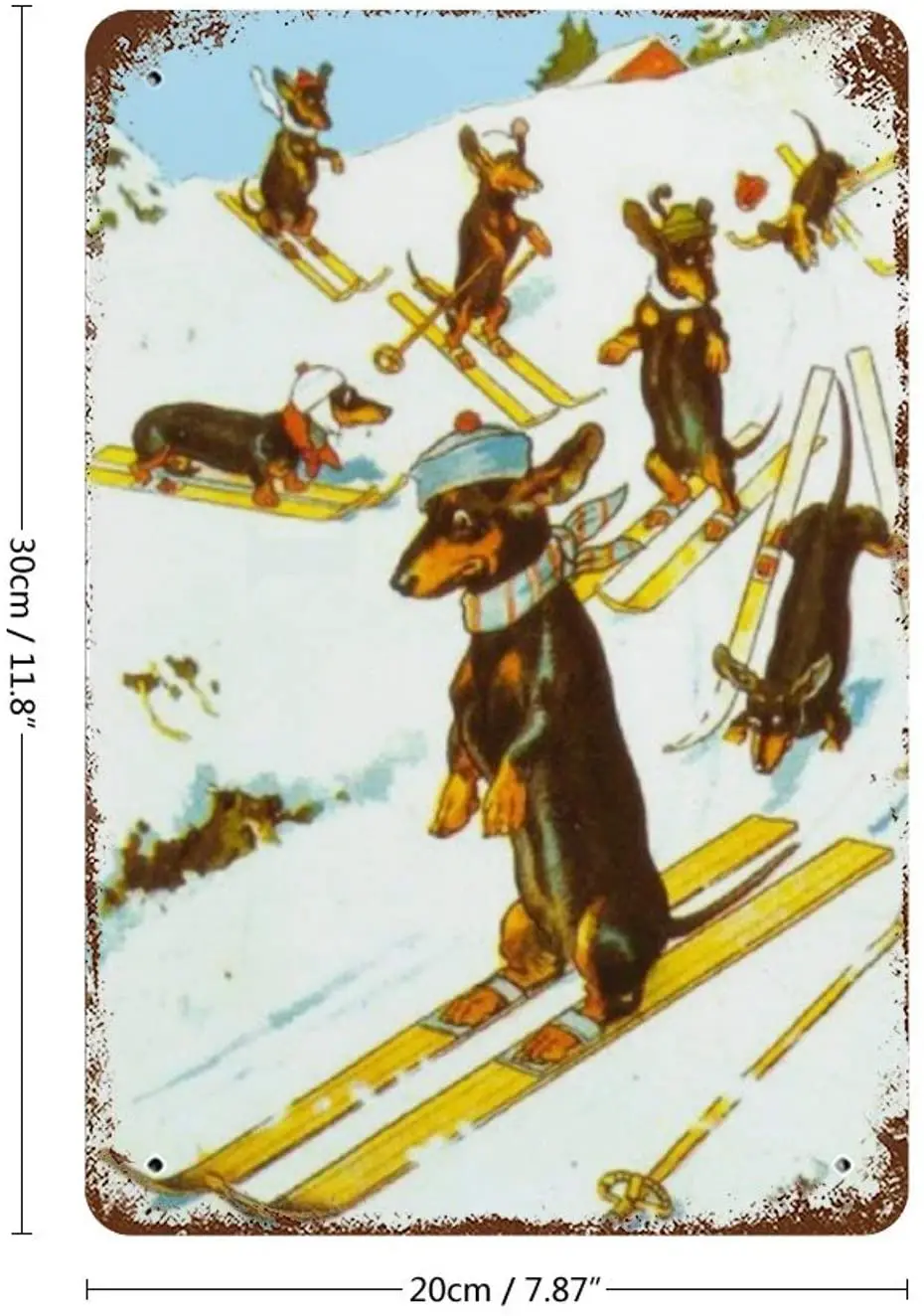 Retro Vintage Metal Tin Sign Dachshund Dogs Skiing Vintage Illustration Wall Plaque Poster Cafe Bar Beer Pub