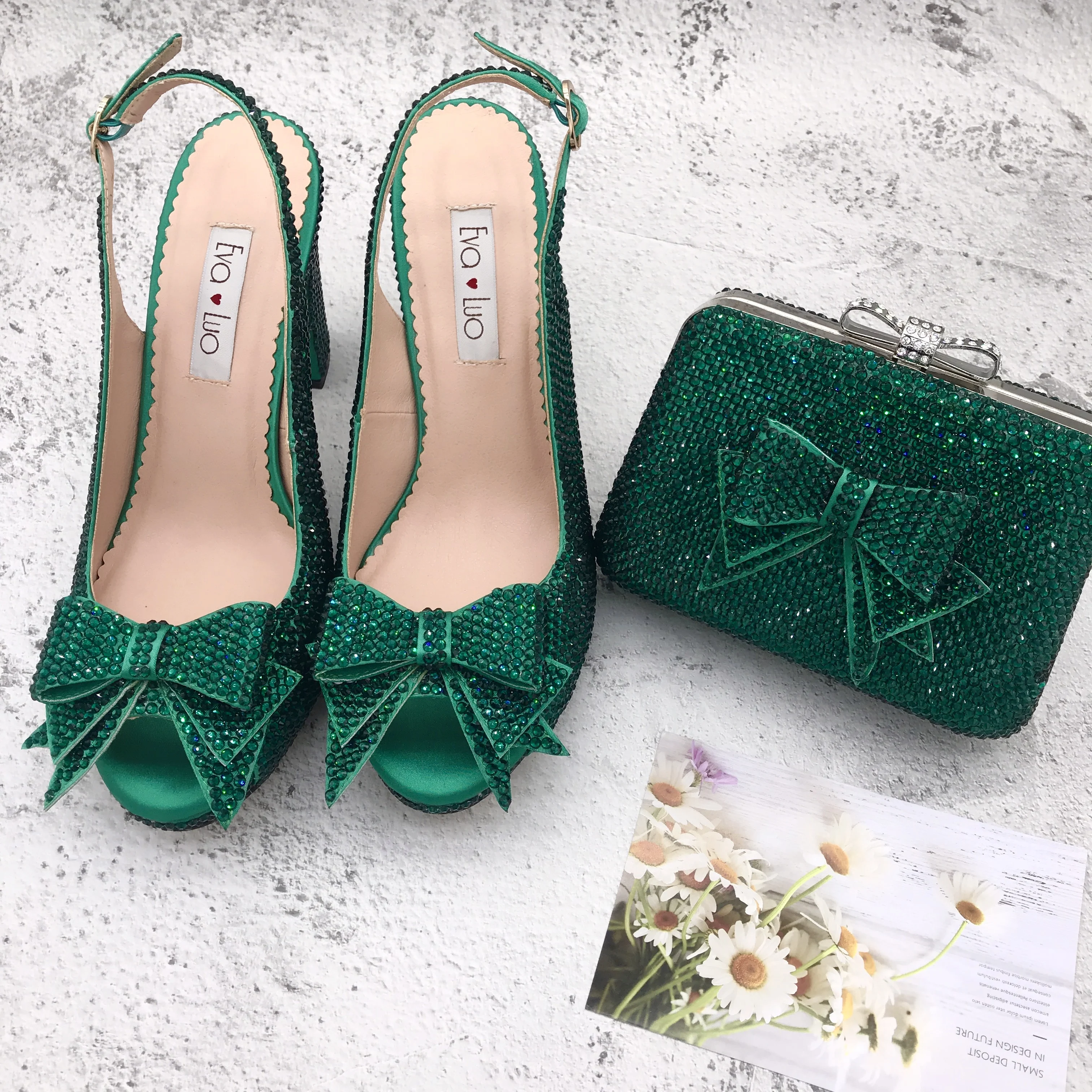 BS1233  Custom Made Women Shoes Dress Pumps  Bridal Wedding Shoes Dark Green Crystal Shoes With Matching Bag