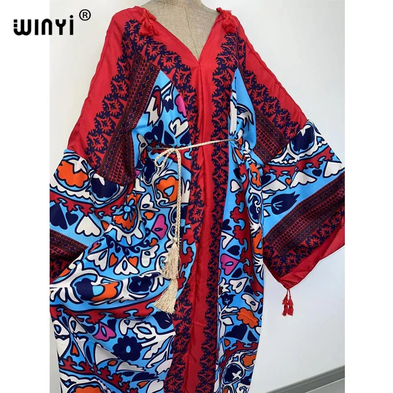 2021 winter kimono Women fashion Print Sexy V-Neck Thigh African Maxi Dress Long Sleeve Elegant Boho Beach Dress Casual kaftan