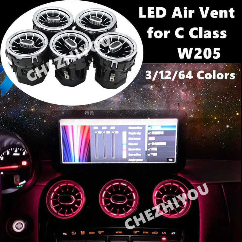 for Mercedes Benz C Class W205 2015-2021 Ambient Turbine Air Outlet LED Ait Vent 3/12/64 Colors Use System Control 7 Pieces