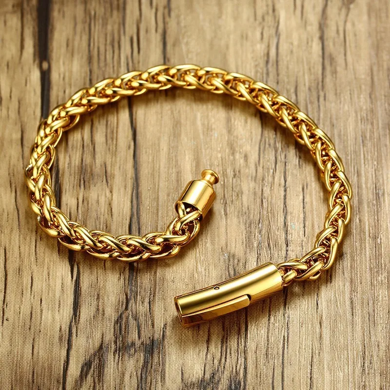Men\'s Spiga Chain Bracelet Stainless Steel Round Box and Wheat Link Braslet Male Jewelry 8.5