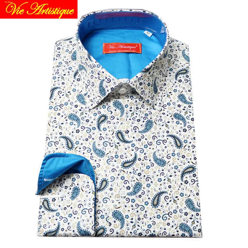 

custom tailor made women Men's bespoke cotton floral shirts business formal wedding ware blouse white print blue paisley flower