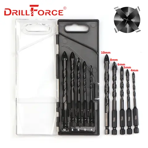 Drillforce 5PCS 유리 세라믹 콘크리트 타일 드릴 비트 구멍 오프너 4 블레이드 초경 팁 트위스트 크로스 헥스 드릴 비트 4/5/6/8/10mm