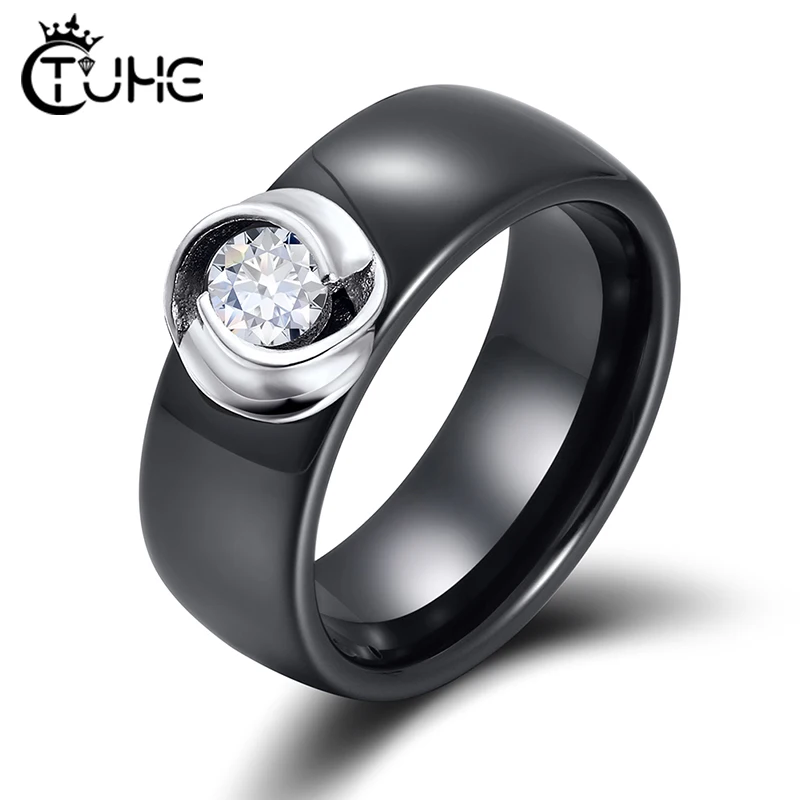 8mm Black White Ceramic Rings Plus Cubic Zirconia For Women Girl Elegant 925 Sterling Silver Women Wedding Ring Fashion Jewelry