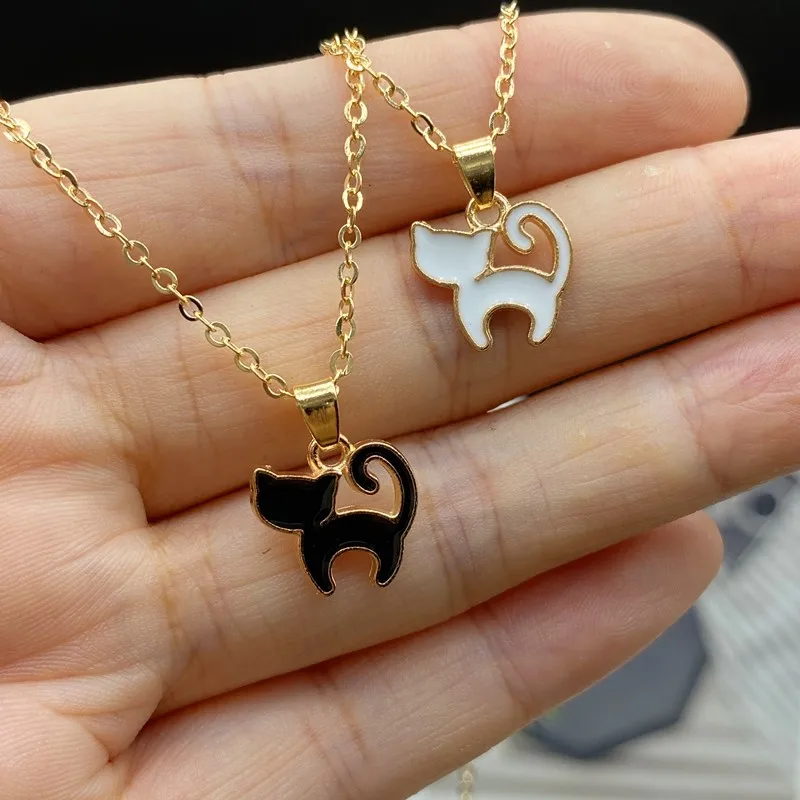 Cute Fashion Female Animal Cat Pet Necklace Enamel White Black Cat Pendant Necklace For Women Statement Chain Choker Jewelry