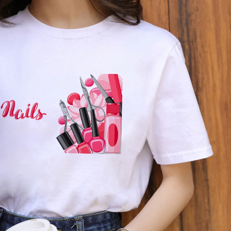 Nail Polish Luxury Kawaii Graphic T Shirt Women Tops O-Neck White Tees Funny Girls Tshirt 2022 Summer Fashion Casual T-Shirt