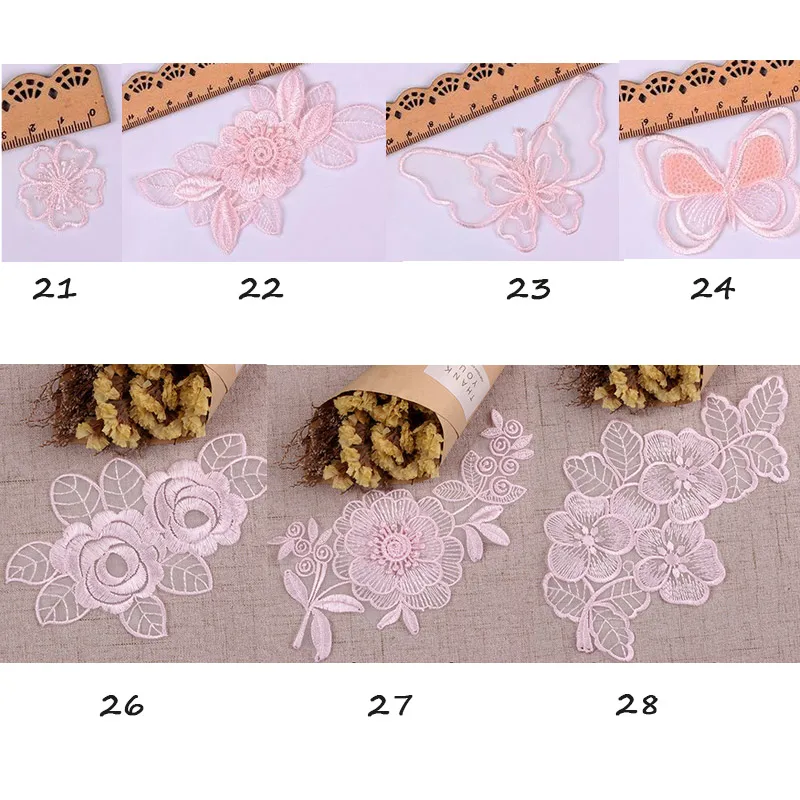 Iron or Sew on Lace Embroidery Patches Pink Rose Flower Butterfly Applique for Clothing Dress Stripes Clothes Wedding Decoration