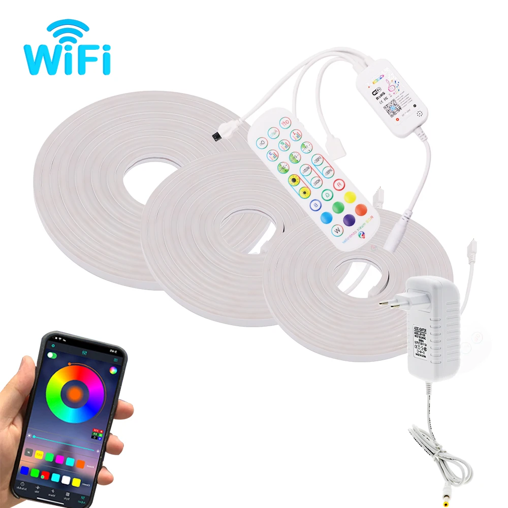

12V Wifi светодиодный неоновый светильник RGB с регулируемой яркостью приложение удаленное музыкальное освещение IP68 водонепроницаемый силиконовый трубчатый светильник украшение 24key комплект питания
