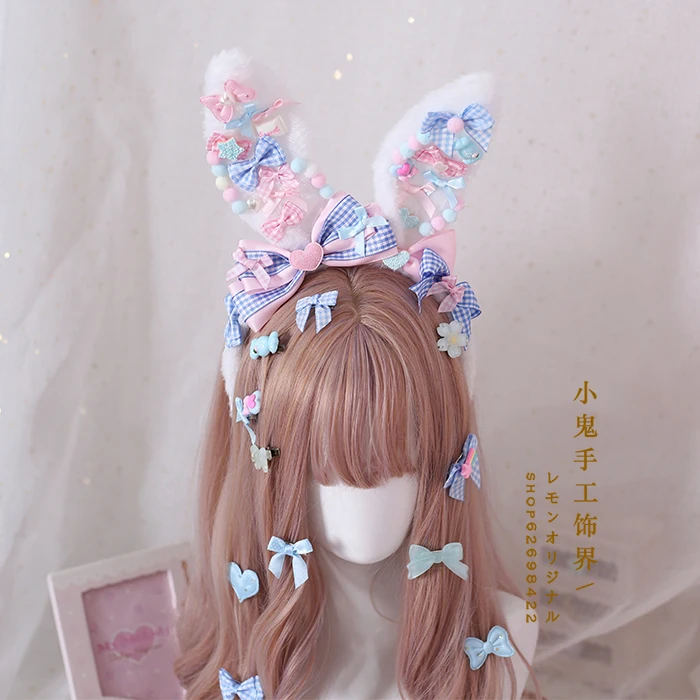 Sweet Mother Hand Pink Blue Lolita Ci Sweet Bunny Ears Lolita Headband KC Strawberry Candy Rabbit Ears Headband