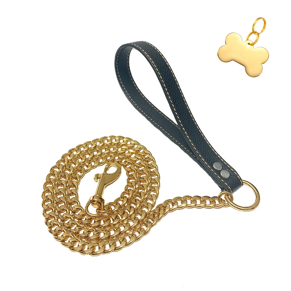 

12mm Wide 18K Gold Plated Dog Chain Leash Leather Handle With Customized Dog ID Tags Pet Collar For Large Medium Small Dogs