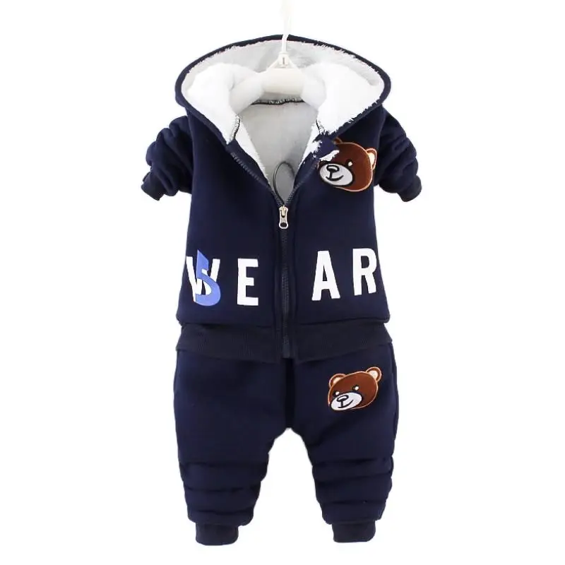 

New Baby clothes winter plus velvet thick warm suit baby boy girl cartoon cute bear hooded sweater baby two-piece suit 0-4y