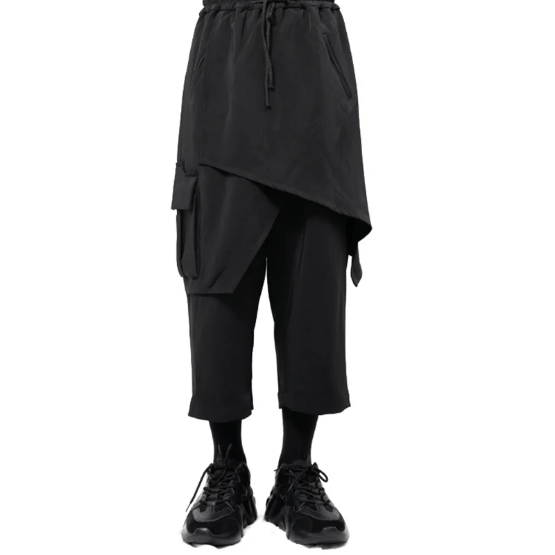 

Men's Casual Pants Wide Leg Pants Straight Pants Spring And Autumn New Black Elastic Waist Nine Points Design False Two Pieces