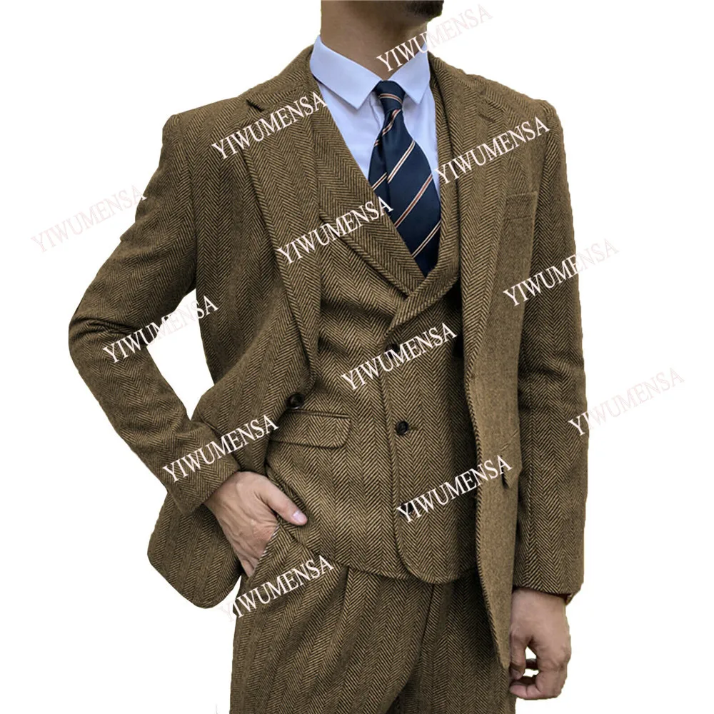 YIWUMENSA Winter Wool Tweed Brown Men Suits Formal Business Costume Homme Mariage Prom Dinner Party Blazer Masculino Tuxedos