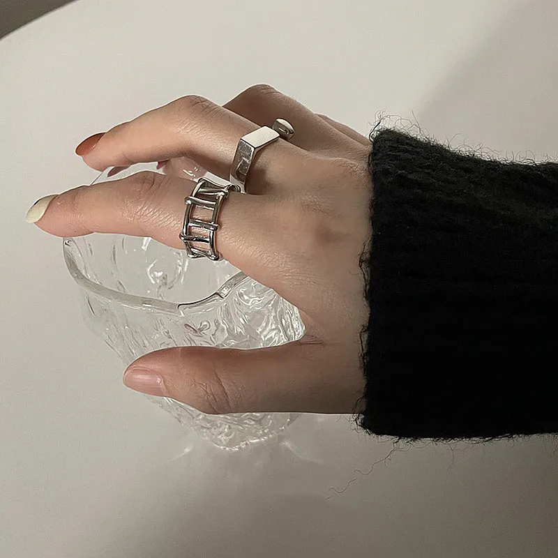 QMCOCOSilver Color Hollow Out Simple Rings For Women And Man INS Fashion Geometry Vintage Elegant Birthday Party Jewelry Gifts