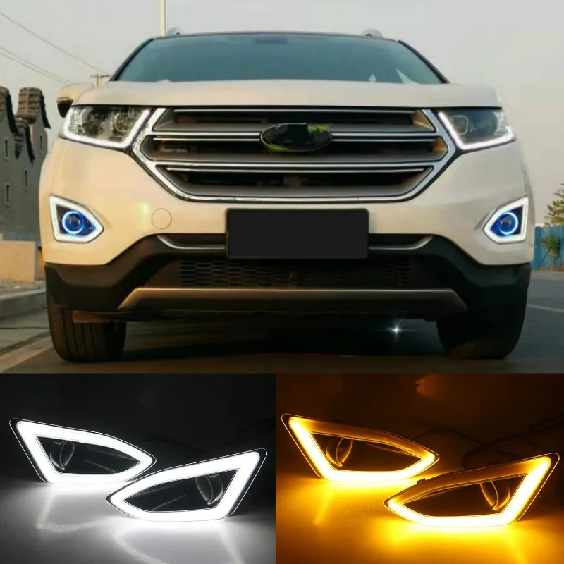 2Pcs Car LED DRL Daytime Running Light with Yellow siganl Fog Lamp cover For Ford Edge 2015 2016 2017 2018