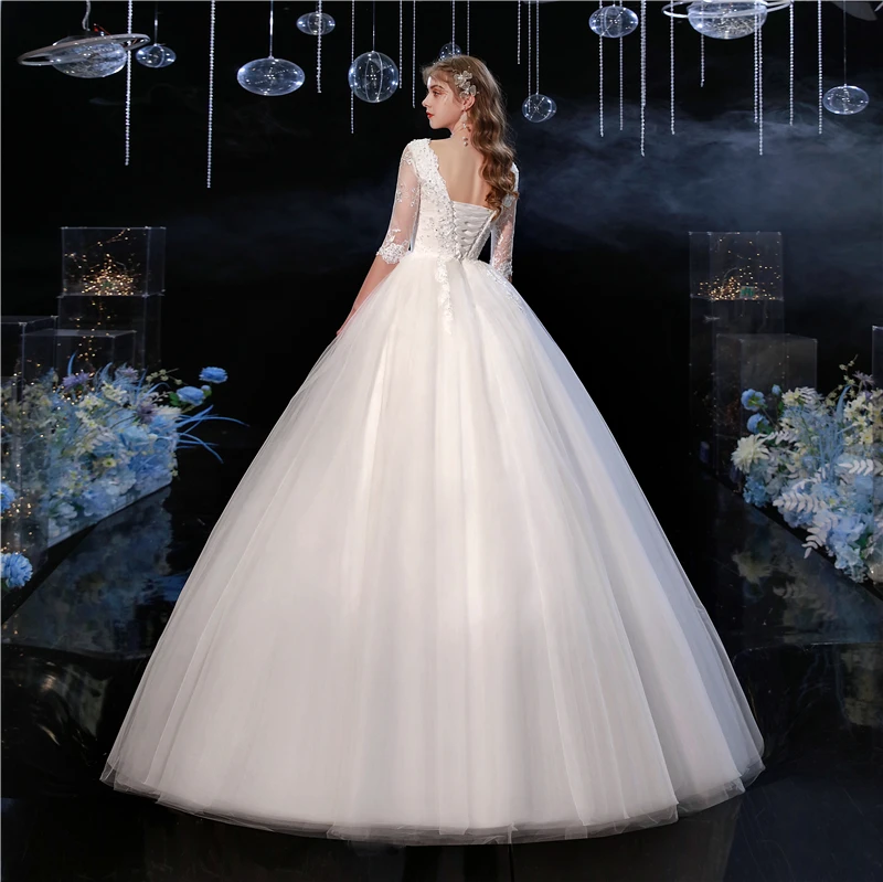 Y & m novias doce branco vestido de casamento mais novo decote em v renda meia manga apliques de renda personalizado vestido de casamento para noiva foto real