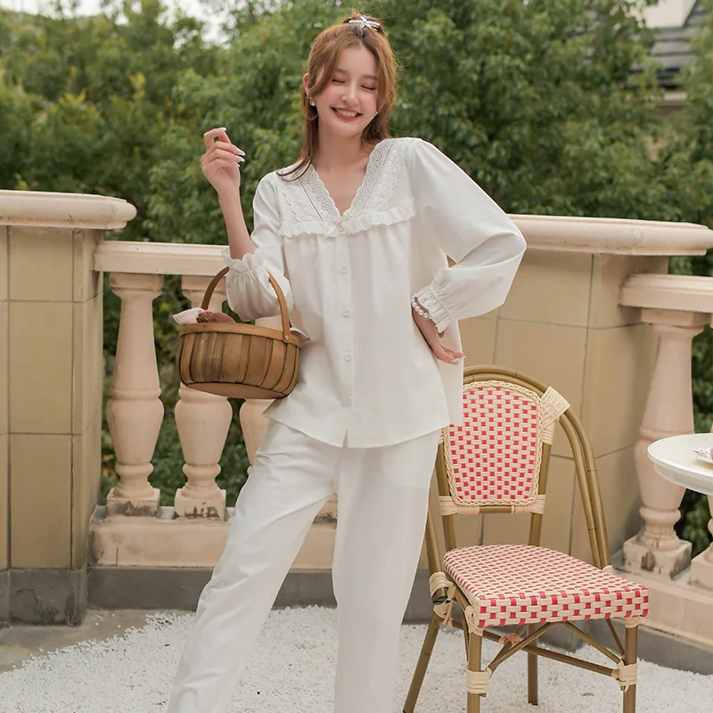 

Korean New Collection Pyjama Femme Suits 2PCs Spring Autumn Cotton Long Sleeves Pj Set Cardigan Leisure Sweet Ladies Homewear