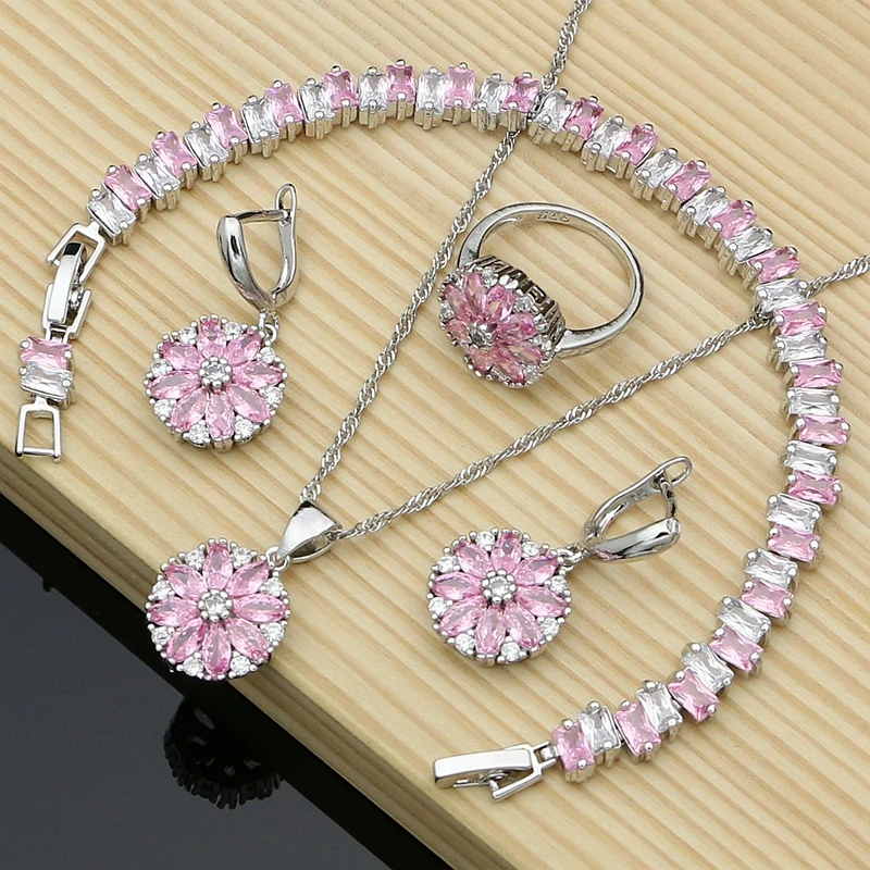 925 Sterling Silver Bridal Jewelry Sets Pink Cubic Zirconia Bracelet Bridal Wedding Necklace Set Fashion Gifts for Party