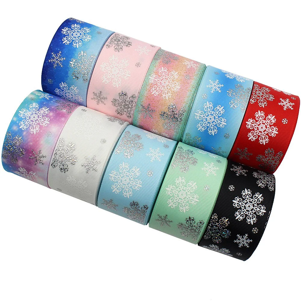 1-1/2 \'\'(38mm) 10Yards Laser argento inchiostro fiocco di neve cartone animato stampato nastro del Grosgrain copricapo fai da te confezione regalo