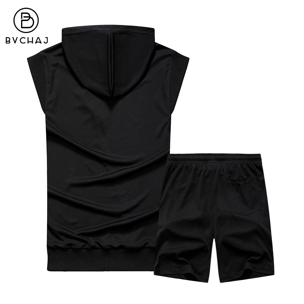 Zomer Mannen Hooded Sportsuit 2 Stuk Mouwloos Vest Jogging Print T-shirt + Fitness Shorts Sneldrogende Sportkleding Casual menwear