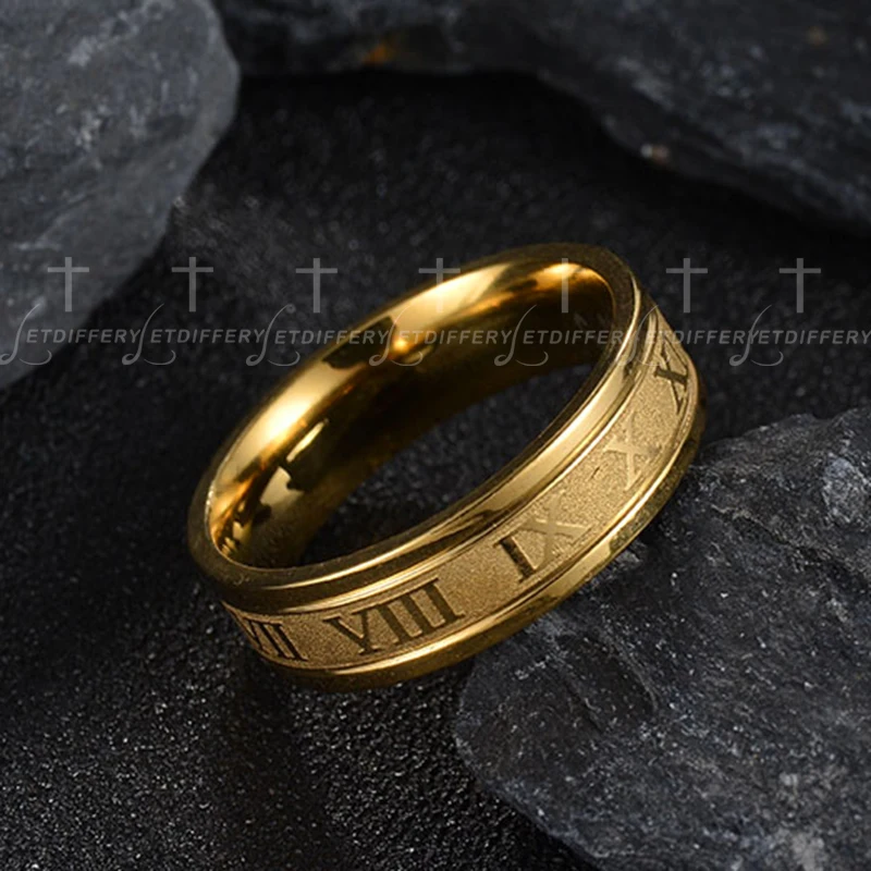 Letdiffery 6mm Roman Numbers Men Rings High Quality Gold Color Black Stainless Steel Women Party Jewelry Birthday Gifts