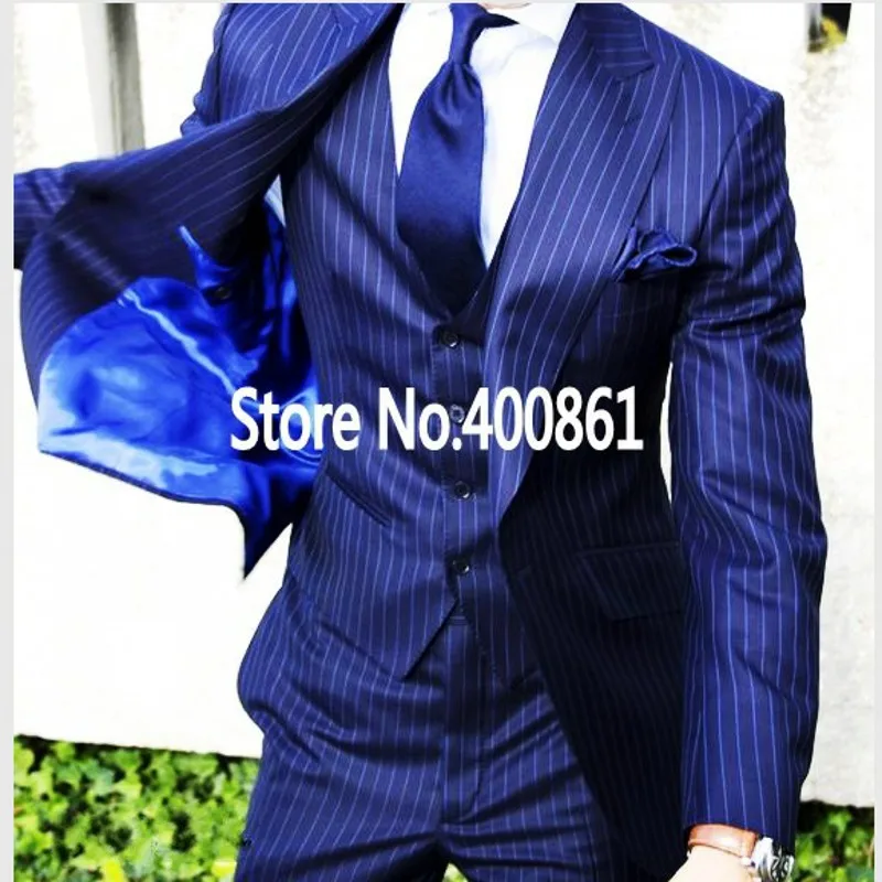 

Handsome Blue Stripe Men's Evening Dress Toast Business Suit Customize Slim Fits Groom Tuxedos (Jacket+Pants+Vest+Tie) K:155