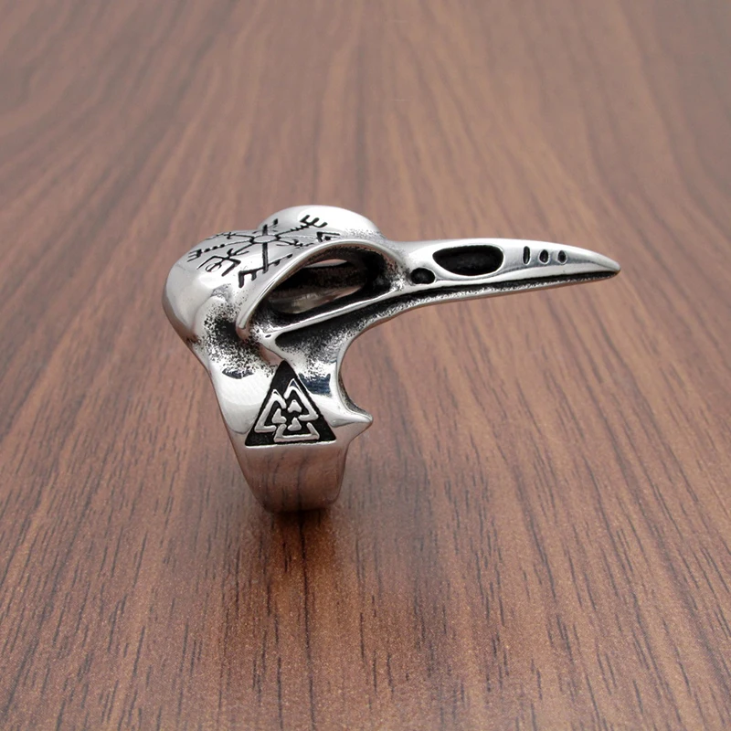 Punk 316L Stainless Steel Men‘s Viking Norse Mythology Odin Crow Raven Ring Nordic Amulet Compass Jewelry Gifts