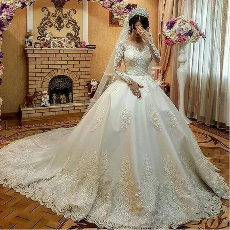 Luxuoso laço bola vestido de casamento vestidos 2020 colher mangas compridas árabe vestido de casamento elegante tule vestidos de noiva