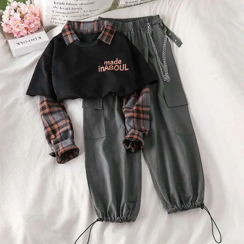 Casual Suirt Womens Sports Loose High Waist Harem Pants +  Fake Two-piece Sweater Punk Streetwear Spring and Autumn Female Sets