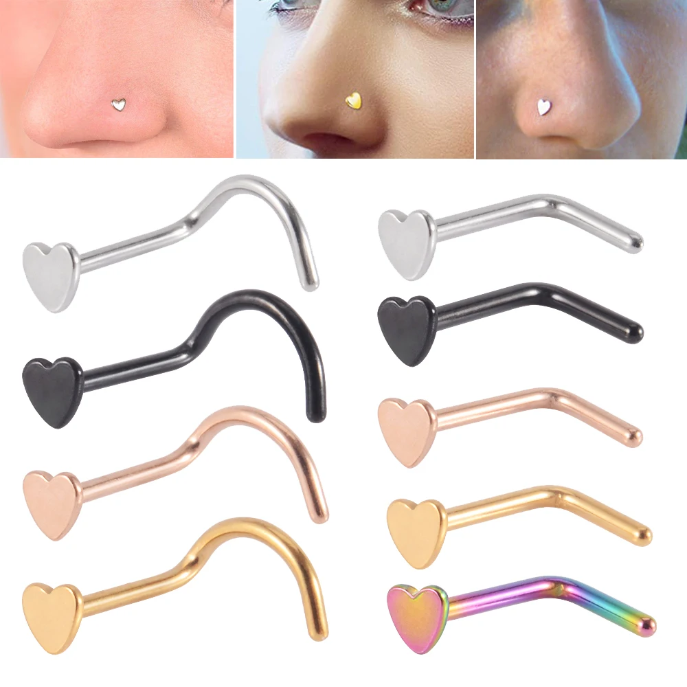 5PCS/Lot 316L Surgical Steel L Shape Nose Bone Ring Heart Top Screw Nose Piercing Retainer Holder Nazir Stud Body Jewelry 20g