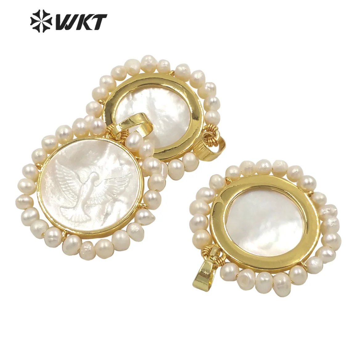 WT-JP263 Amazing WKT New Design Gold Plated Natural White Pearl Pendant Carved Wire Wrapped Round Shape For Jewelry Making