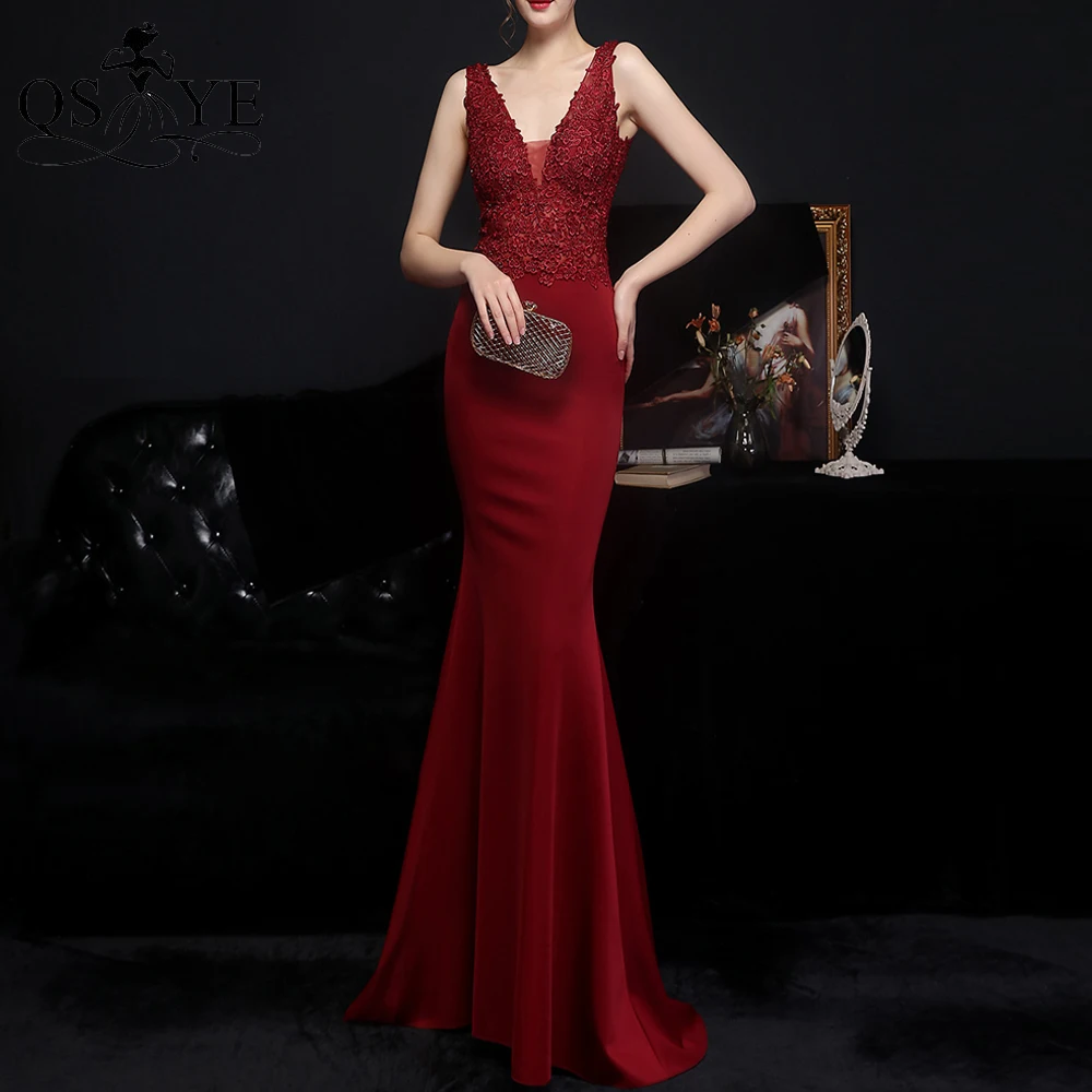 Tiefe Rot Prom Kleider Spitze Ärmellose Stretch Meerjungfrau Abendkleid Frauen Appliques Lange Formale Party Kleid V Neck Promi Kleid